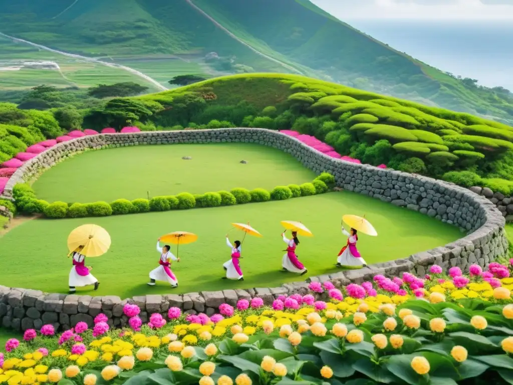 Vista panorámica de Jeju Island, Corea del Sur, con baile tradicional y el majestuoso monte Hallasan