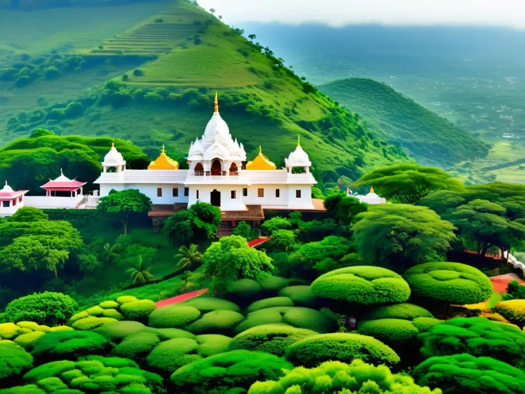 Vista panorámica de un templo jainista en un exuberante paisaje, capturando la Visión del Cosmos en el Jainismo