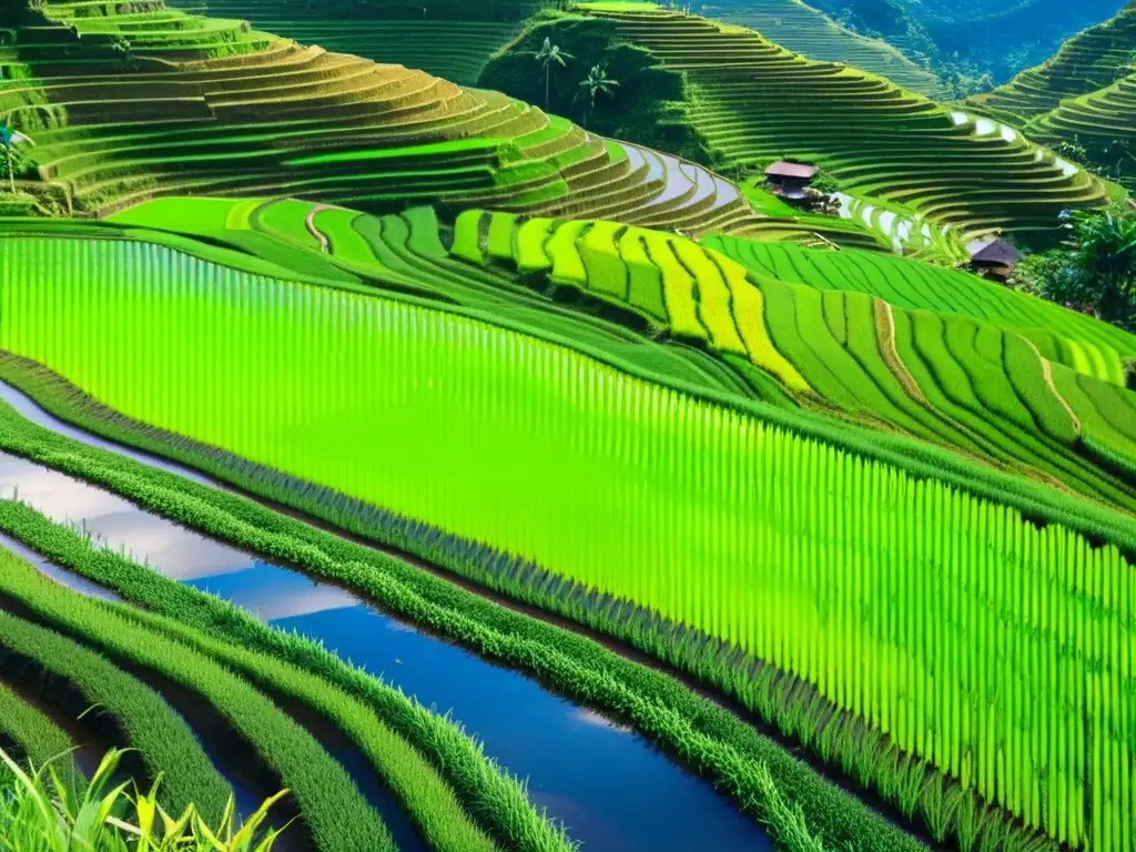 Vista panorámica de terrazas de arroz en Asia, destacando las técnicas de labranza mínima conservación suelo