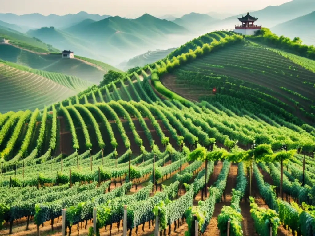 Vista panorámica de viñedo en colinas de China, con trabajadores cosechando uvas