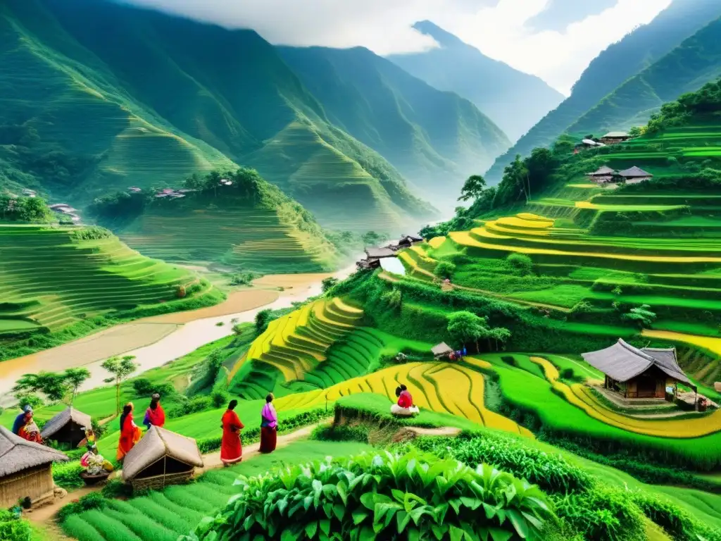 Vista de un pueblo rural en Asia, con mujeres en actividad representando la fuerza y unidad de los matriarcados en Asia