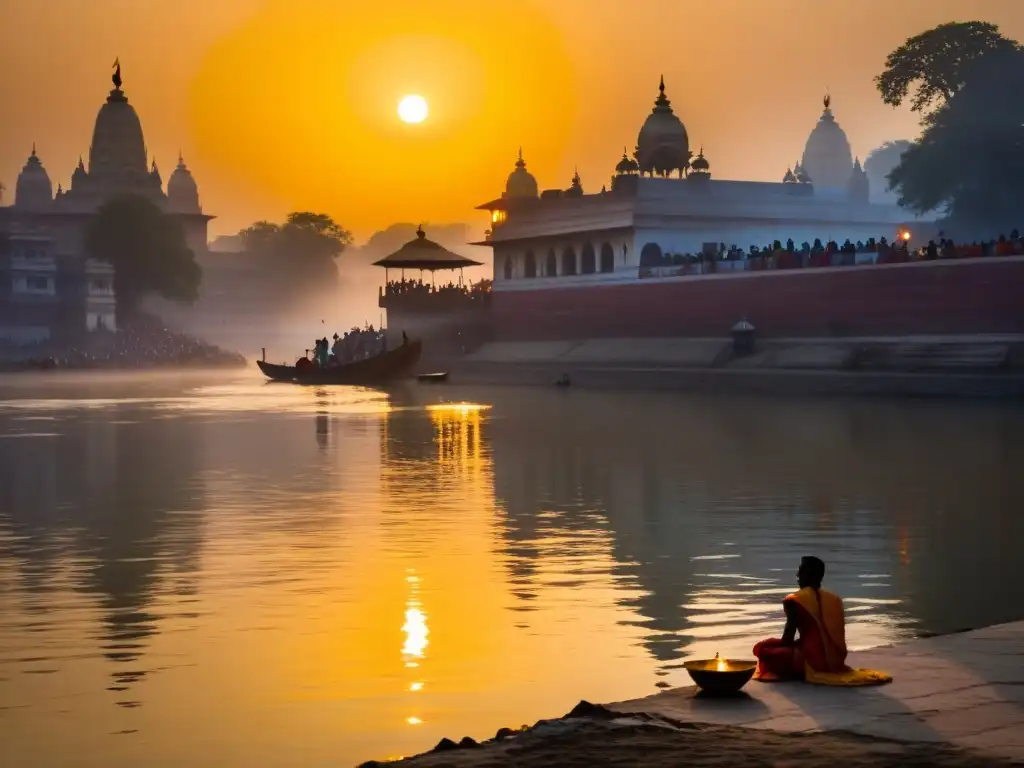 Vista del sagrado río Ganges al amanecer, con devotos realizando rituales en la orilla
