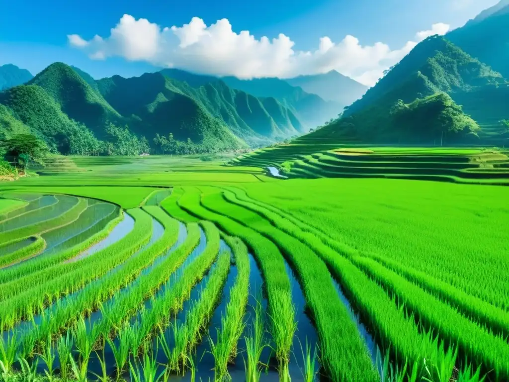 Una vista serena de agricultura tradicional en Asia, con arrozales verdes y trabajadores en ropa tradicional