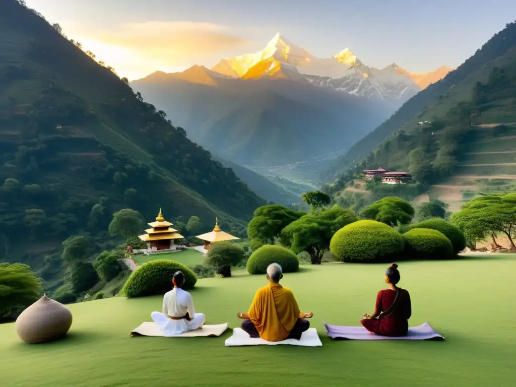 Vista serena del ashram en los Himalayas al amanecer, con practicantes en meditación y yoga