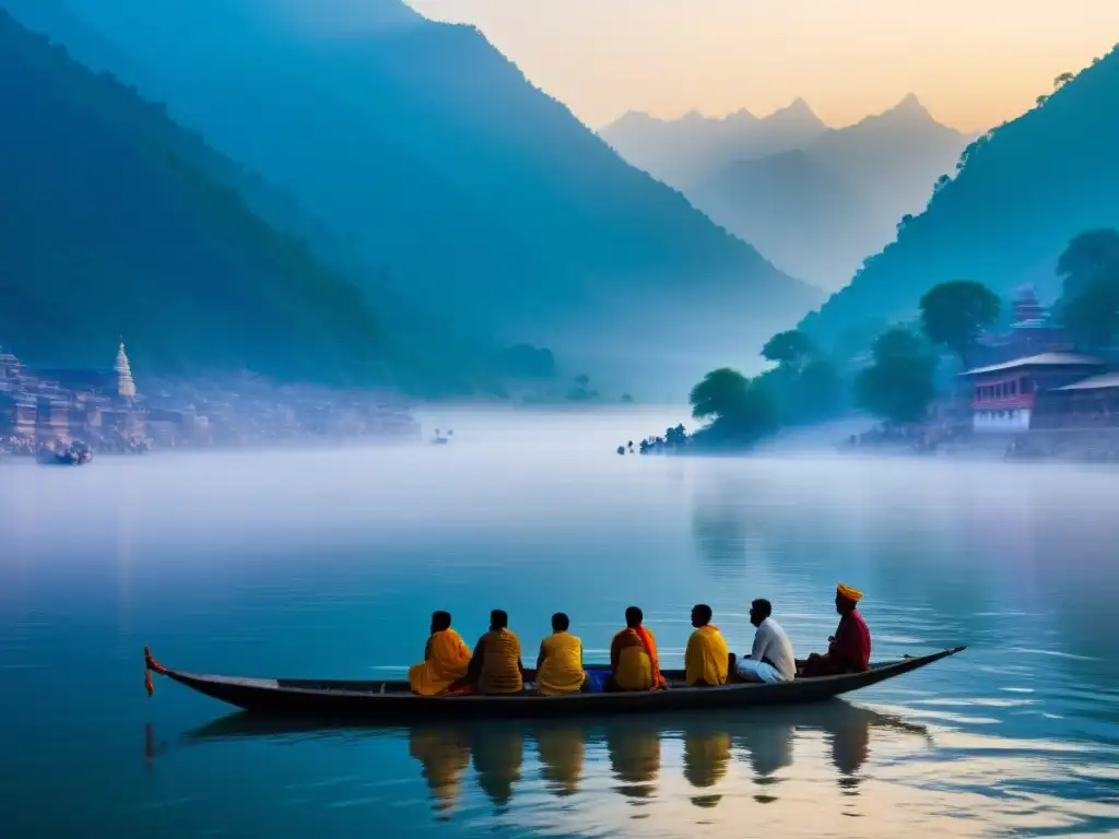 Vista serena del río Ganges fluyendo entre los Himalayas, camino hacia la Unidad de la Existencia