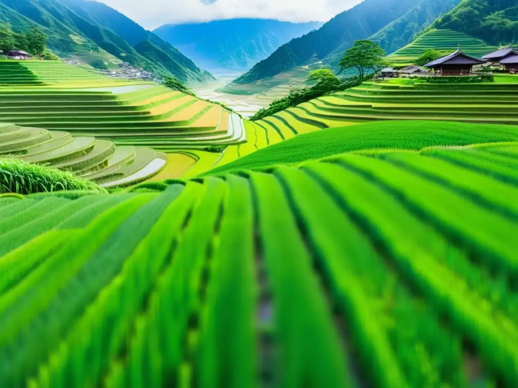 Una vista serena de un campo de arroz en Japón con montañas de fondo, mostrando la importancia de la agricultura y la filosofía oriental