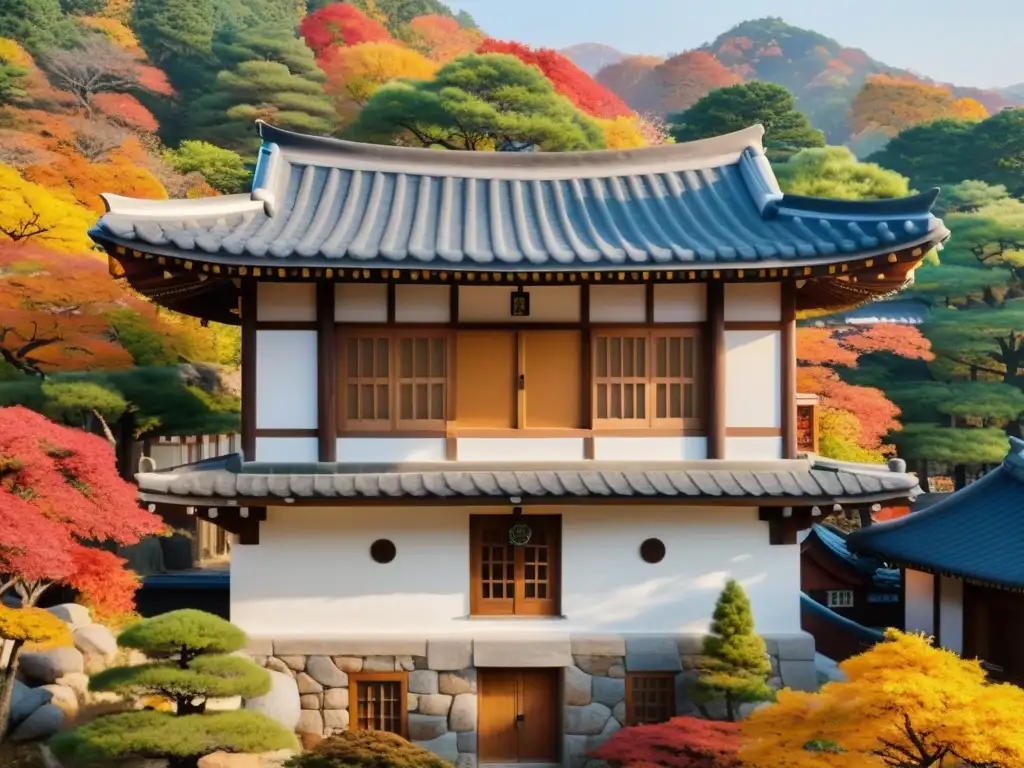 Vista serena de un Hanok, alojamientos únicos historia coreana, rodeado de naturaleza otoñal y actividades culturales