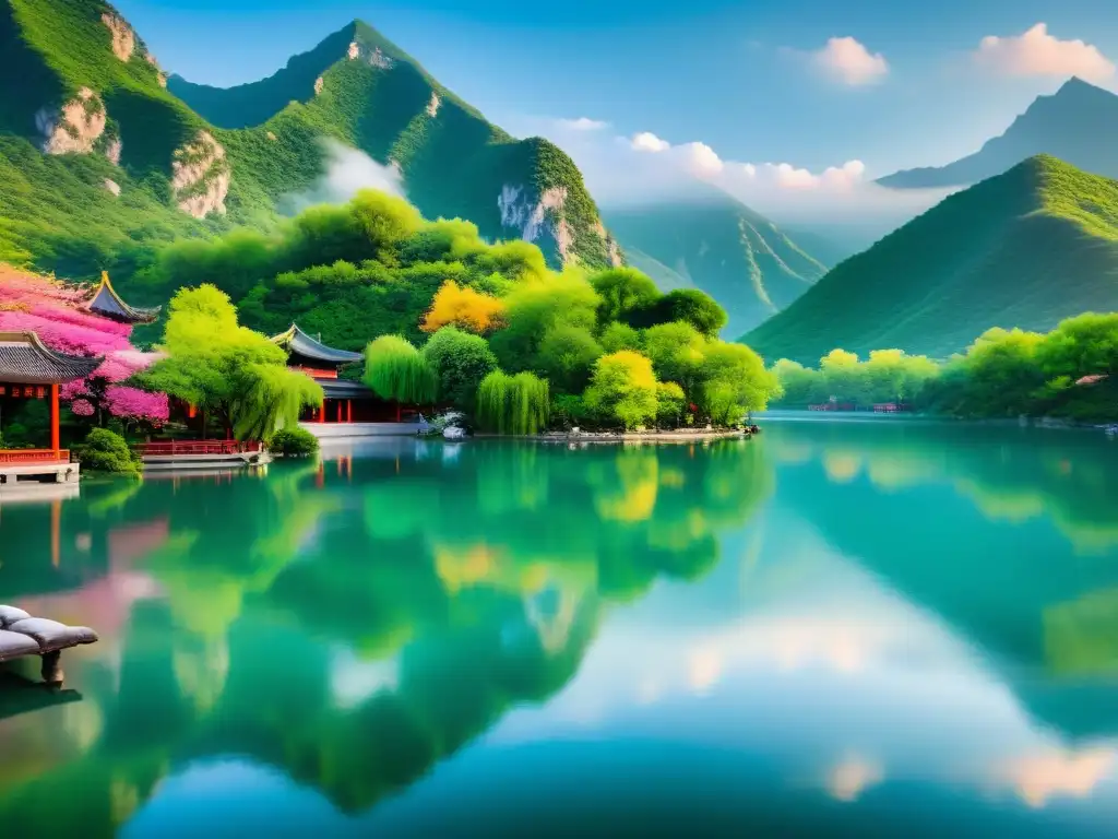 Vista serena de montañas chinas reflejadas en lago tranquilo, con vegetación vibrante y flores