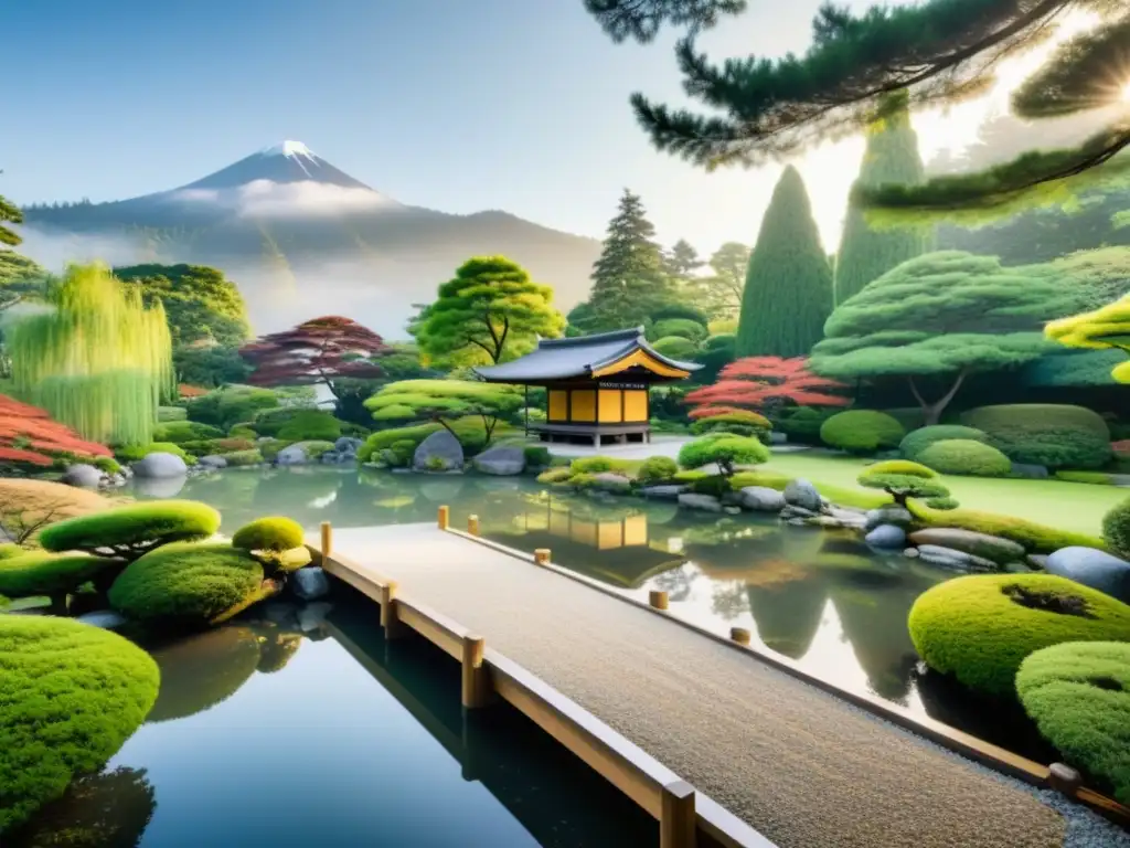 Una vista serena de un jardín japonés tradicional con paisajes meticulosamente cuidados y un estanque tranquilo que refleja la naturaleza circundante