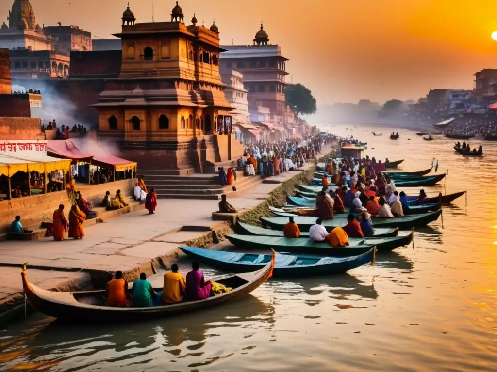 Vista del río Ganges en Varanasi al amanecer, reflejando el significado de la reencarnación hindú con peregrinos y templos antiguos