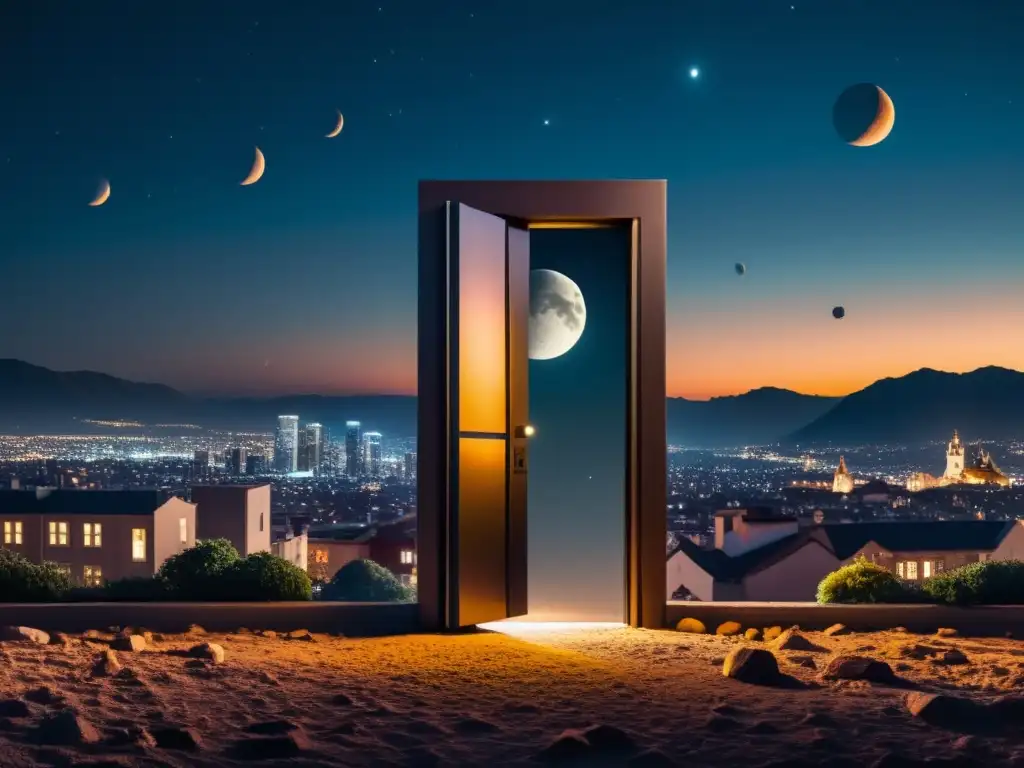 Vista surrealista de una ciudad con múltiples lunas, edificios altos y una puerta entreabierta