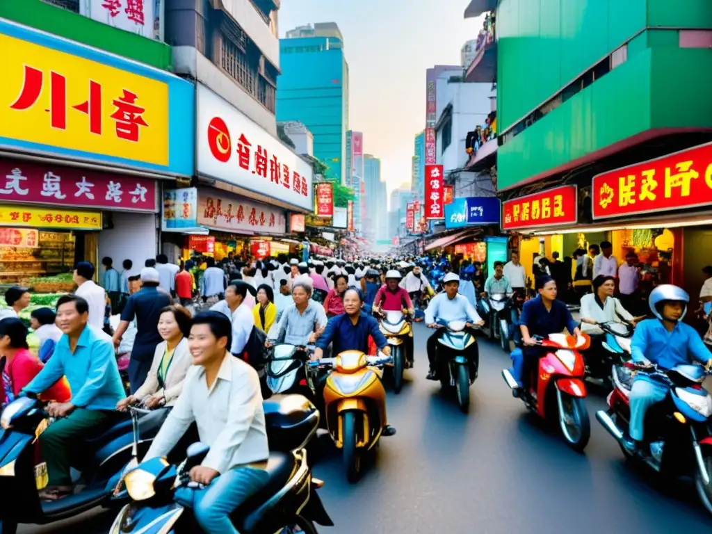 Vista urbana de una bulliciosa ciudad asiática, reflejando la identidad en la sociedad asiática actual con su vibrante caos y diversidad de personas