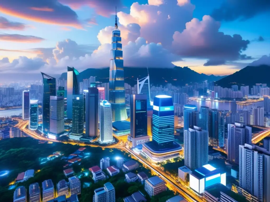 Vista urbana futurista en Asia, reflejando la transformación del cloud computing en la región con rascacielos y servidores interconectados