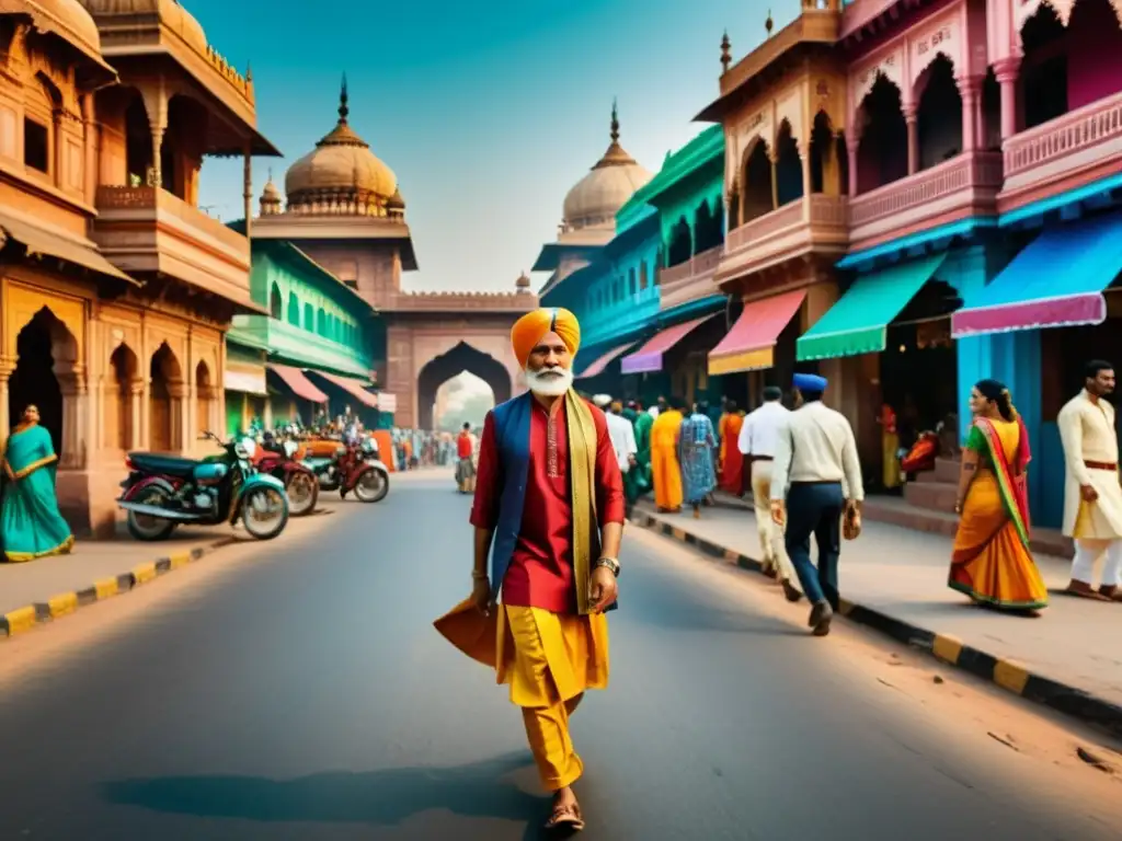 Vista vibrante de una bulliciosa calle en India, con colores tradicionales y arquitectura detallada