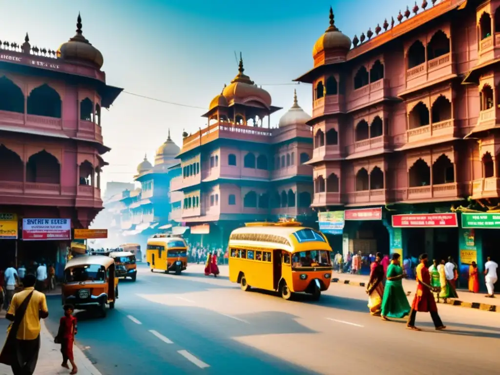 Vista vibrante de una bulliciosa calle en India, fusionando tradición y modernidad