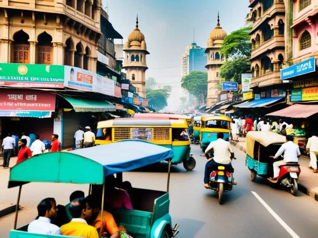 Vista vibrante de una bulliciosa calle en Mumbai, India, captura la rica estética y energía de la ciudad