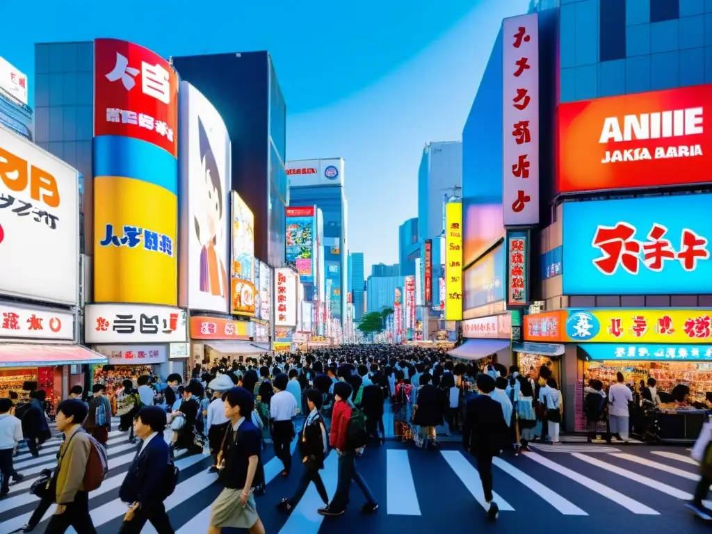 Vista vibrante de la bulliciosa cultura pop japonesa en Tokio, con carteles de anime, manga y videojuegos en Akihabara