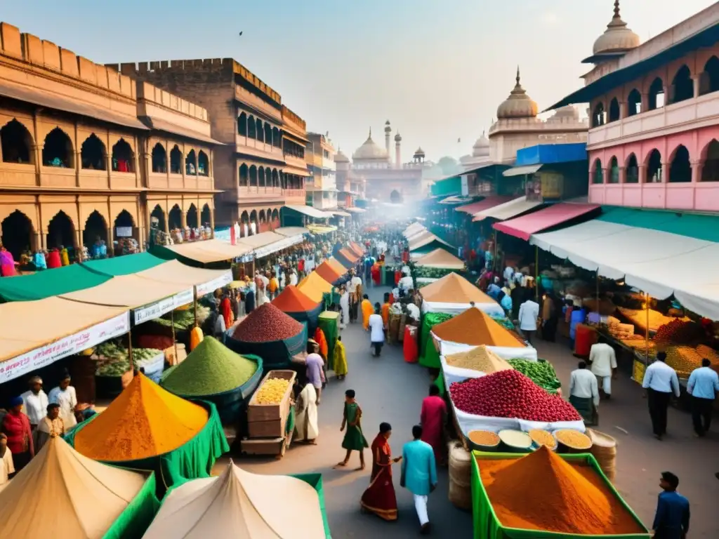 Vista vibrante de un bullicioso mercado callejero en la India, con colores vivos, gente diversa y ropa tradicional