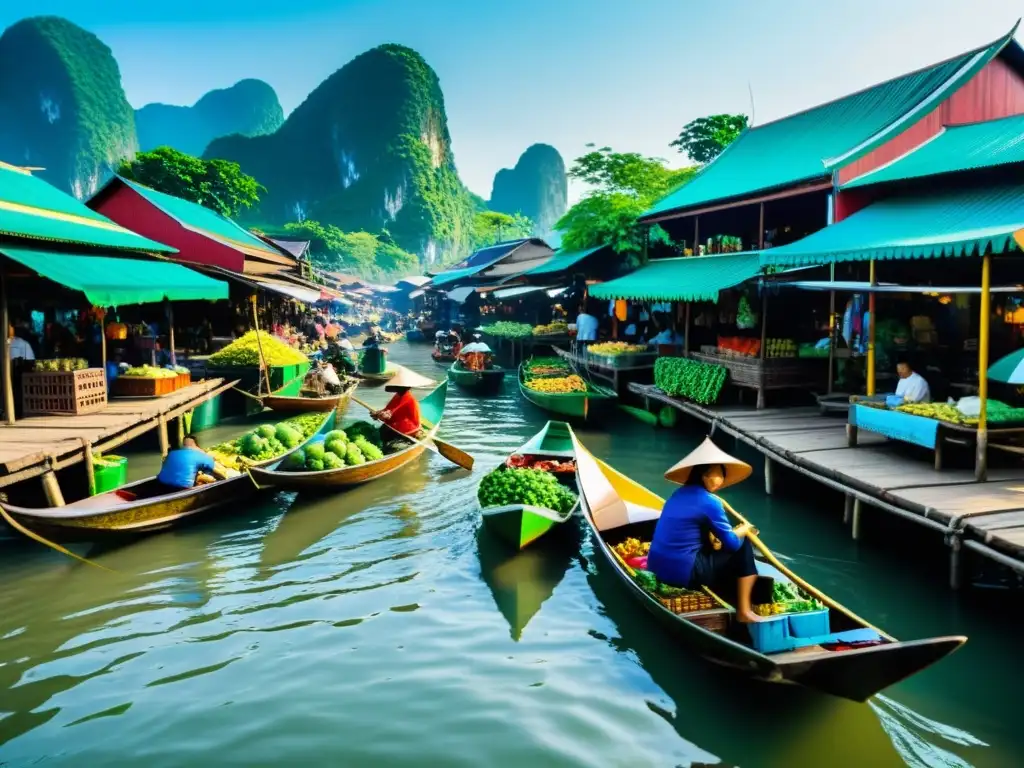 Mercado flotante en los Klongs: la vida vibrante de Tailandia Vista vibrante de un bullicioso mercado flotante en los Klongs de Tailandia, reflejando la estructura social de las comunidades fluviales tailandesas