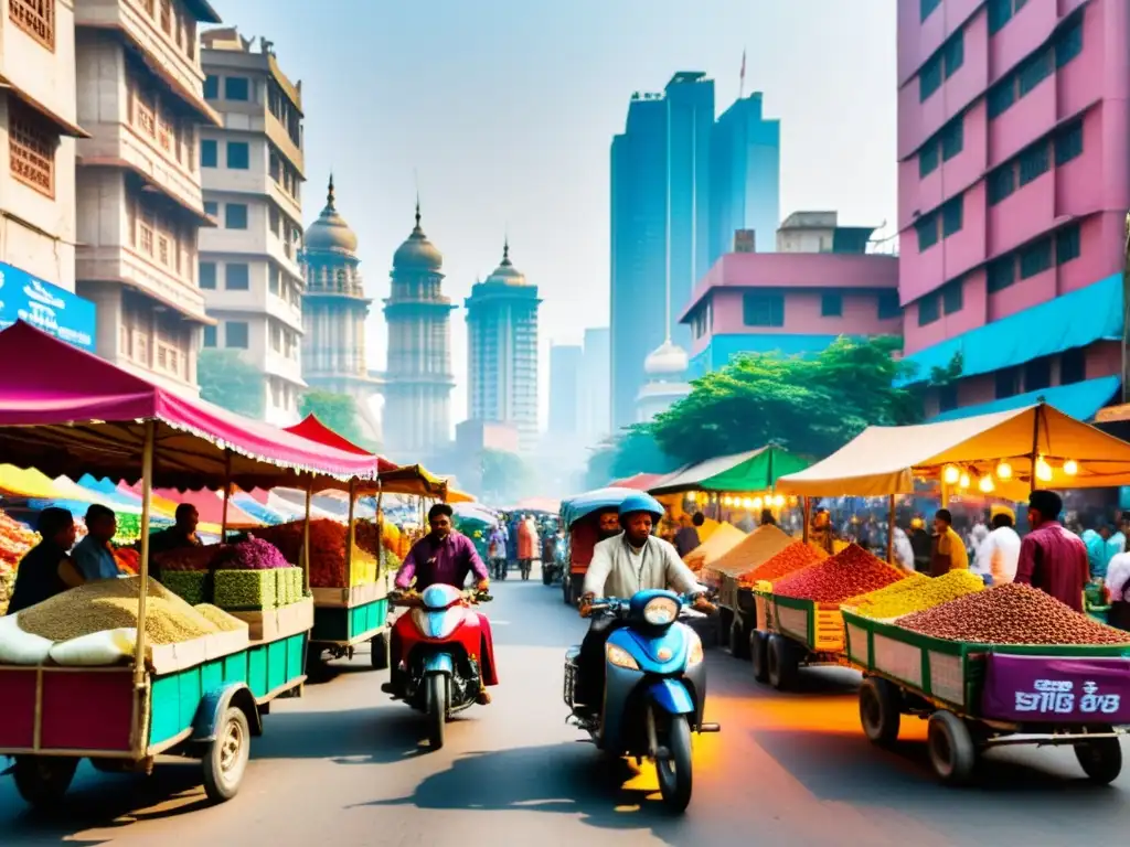 Vista vibrante de un bullicioso mercado callejero en la India, fusionando modernidad y rica tradición cultural