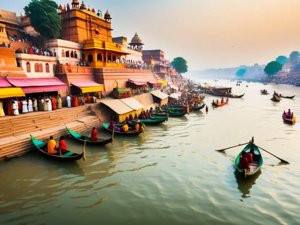 Vista vibrante del río Ganges en Varanasi, India, con ghats coloridos y gente realizando rituales