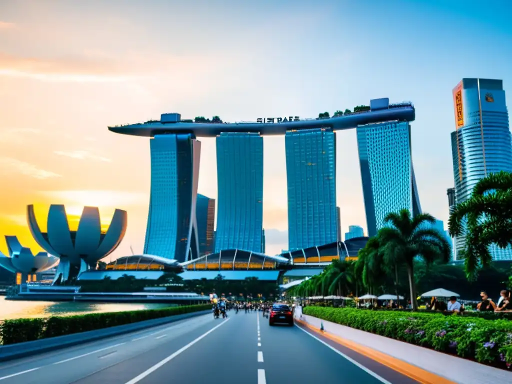 Vista vibrante del distrito financiero de Singapur al atardecer, reflejos dorados en rascacielos