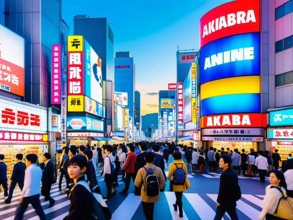 Vista vibrante del distrito de Akihabara en Tokio, Japón, reflejando el mercado sostenible del anime con coloridos anuncios y tiendas temáticas