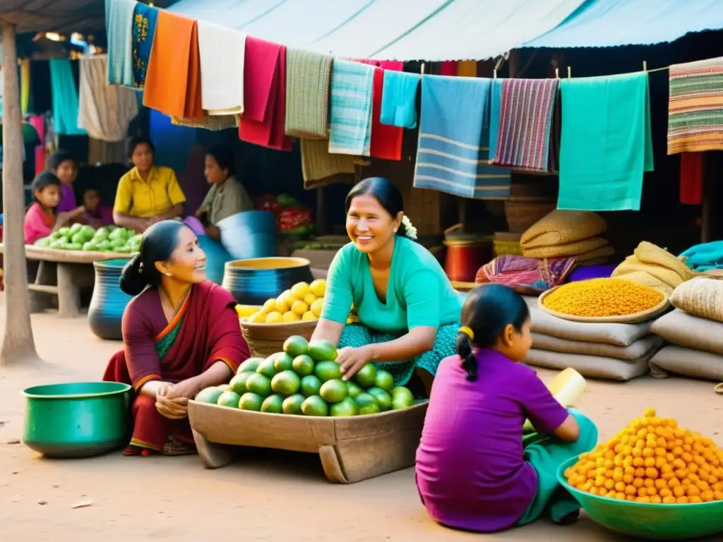 Vista vibrante de un mercado asiático en un matriarcado, mujeres líderes negociando con clientes, niños jugando y ancianos observando