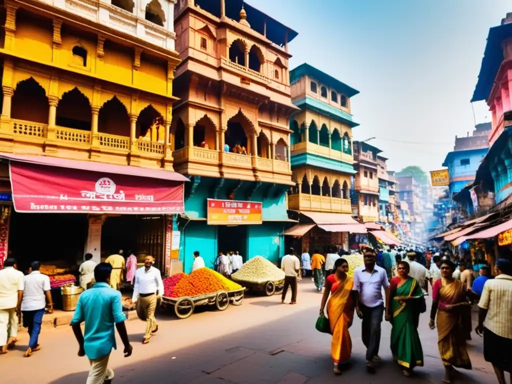 Vista vibrante de Varanasi, India, con templos hindúes, puestos de mercado y residentes locales