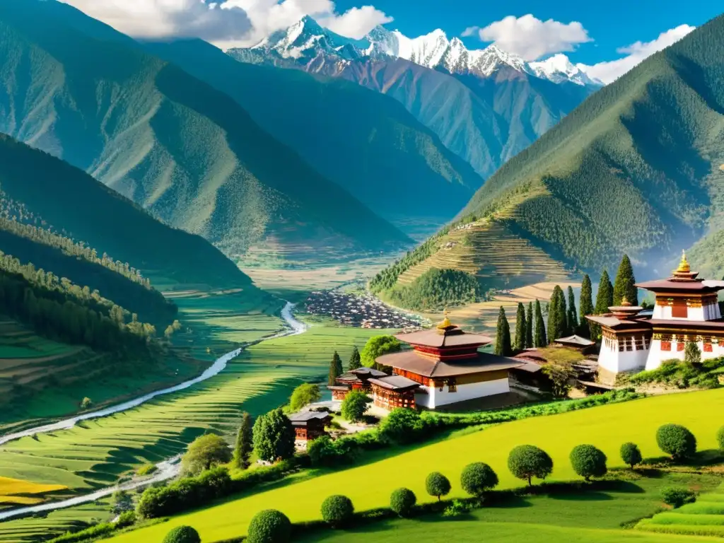 Valles verdes y Himalayas nevados en Bhután Vistas panorámicas de los valles verdes de Bután con los Himalayas nevados al fondo