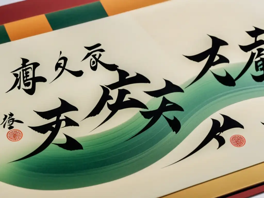 Una representación visual del Cuento de Genji con intrincada caligrafía japonesa, detallada y colorida, envejecida y llena de historia