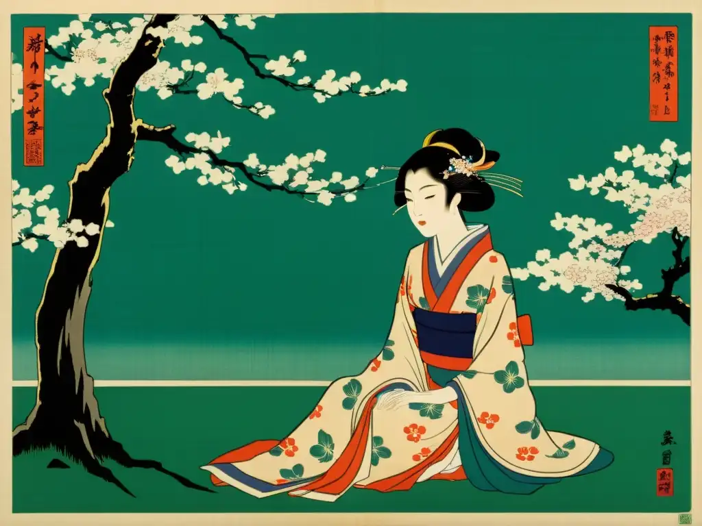 Representación visual del Cuento de Genji: impresión de madera del período Edo, con una noble rodeada de flores de cerezo en un jardín tranquilo