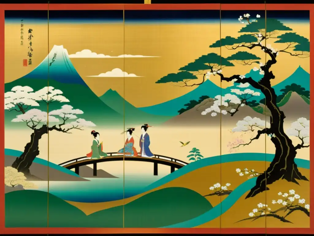 Una representación visual del Cuento de Genji, una pintura japonesa tradicional que muestra escenas detalladas y colores vibrantes