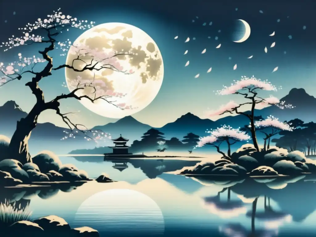 Representación visual de la luna en el arte japonés: Pintura de paisaje nocturno con cerezos en flor y luna llena reflejada en el agua serena