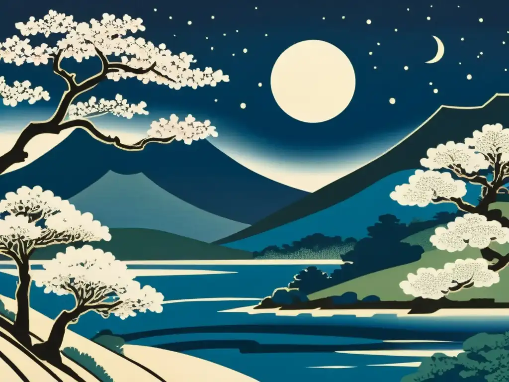 Representación visual de la luna en el arte japonés: impresión de madera con paisaje nocturno sereno, luna llena, naturaleza detallada y pagoda tradicional