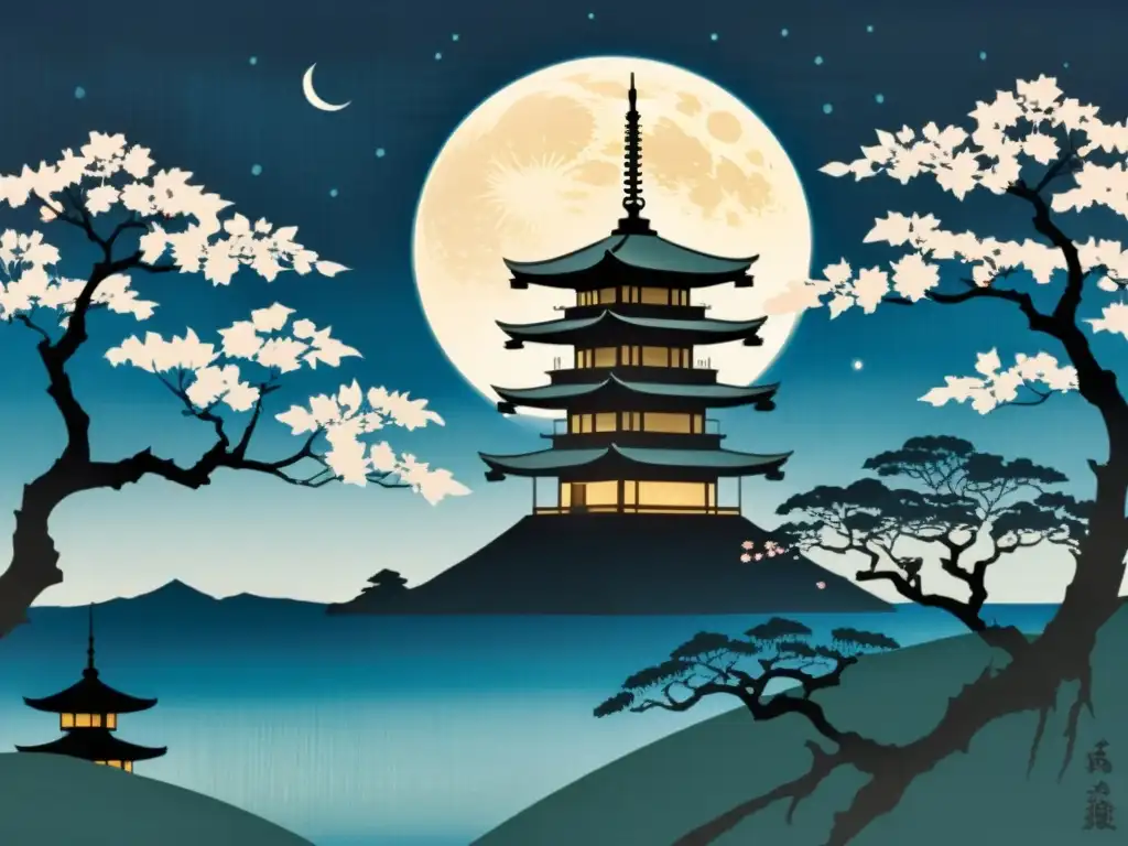 Representación visual de la luna en el arte japonés: impresión japonesa de la luna llena sobre un paisaje sereno con pagoda y flores de cerezo