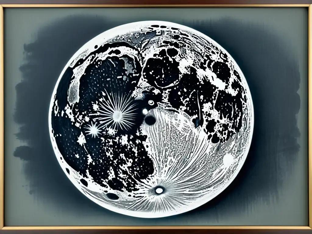 Una representación visual de la luna en el arte japonés: un detallado cuadro de tinta que captura la serena belleza lunar en exquisito detalle