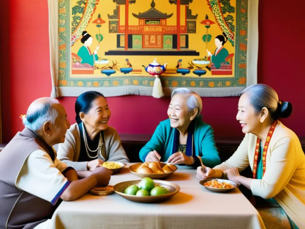 Vívidos colores y arrugas cuentan historias de vida en una animada reunión de ancianos, reflejando el respeto ancianos cultura asiática