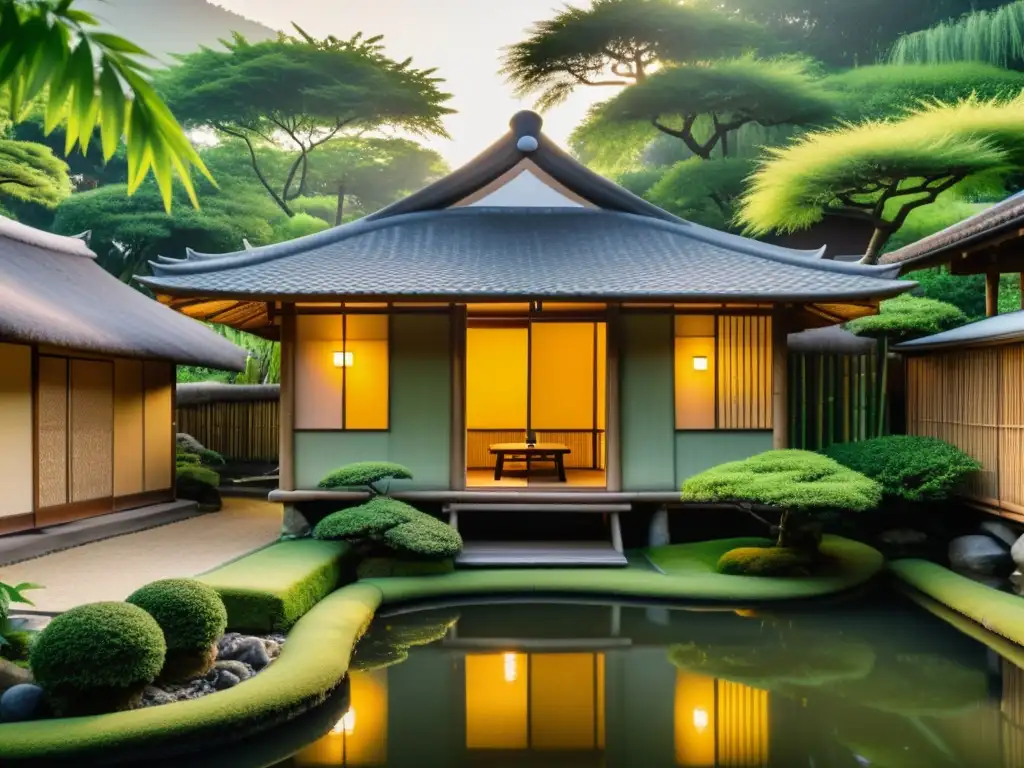 Viviendas tradicionales japonesas de bambú rodeadas de exuberante jardín y estanque de peces koi al amanecer, evocando serenidad