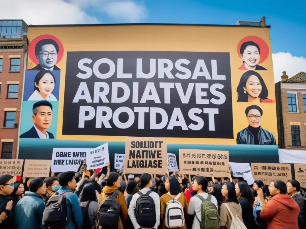 Voces revolucionarias: mural de activistas asiáticos con carteles multilingües, reflejando determinación y pasión, en una bulliciosa ciudad