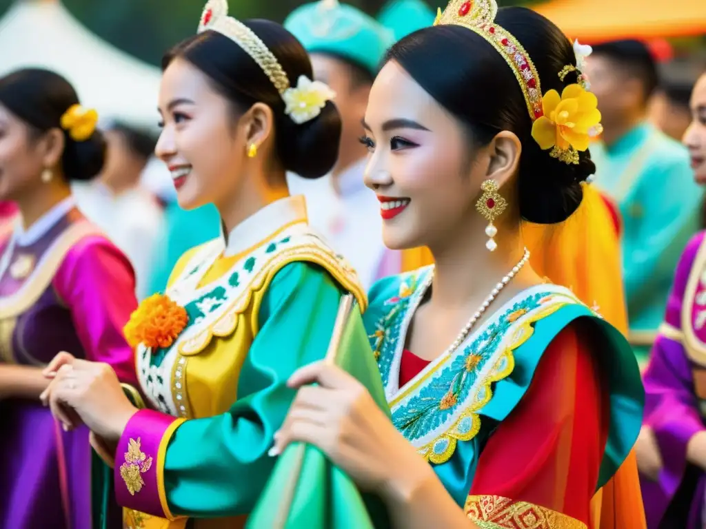 Voluntarios y artistas con trajes tradicionales coloridos se preparan para el Festival Chingay Parade en Singapur, mostrando la riqueza cultural y la colaboración festiva