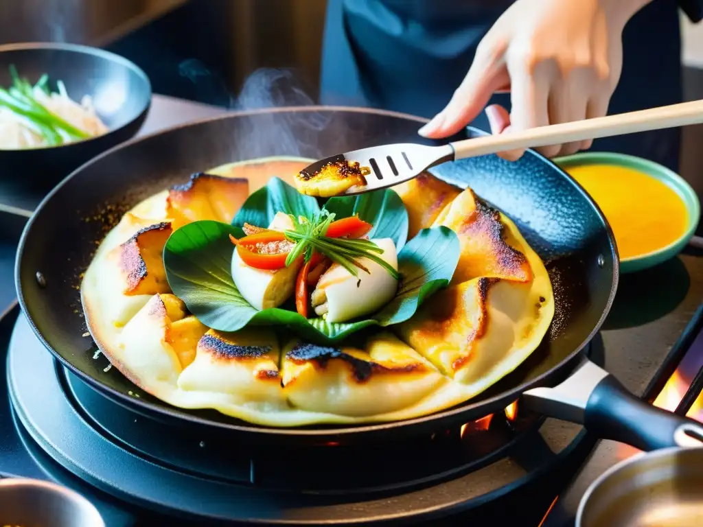 Una hábil chef da vuelta a una torta de mariscos coreana auténtica en una sartén de hierro