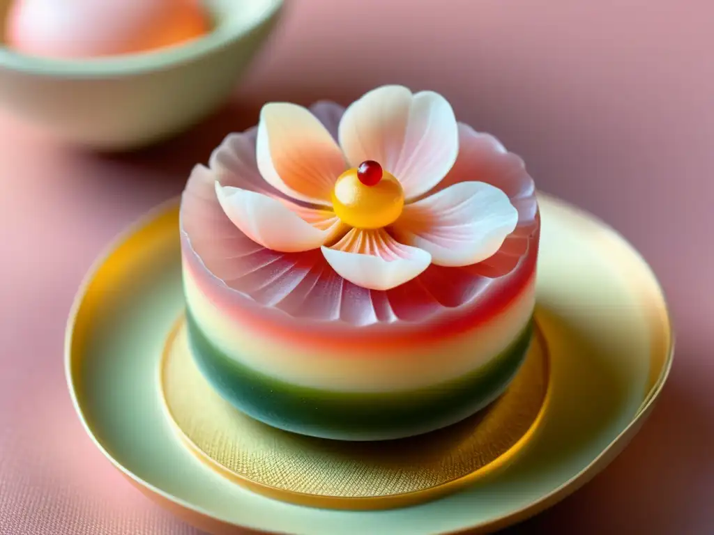 Un wagashi japonés con forma de flor de cerezo, detallado y delicado