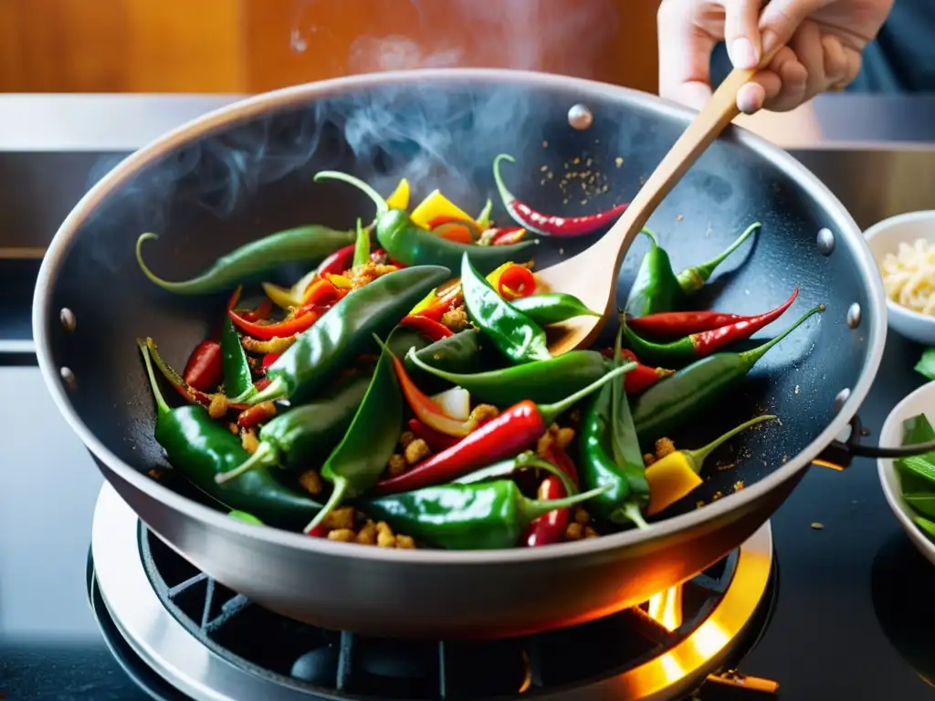 Un wok sizzling con chiles rojos y verdes, jengibre y ajo, capturando la energía de la cocina asiática con sabores dulces y picantes