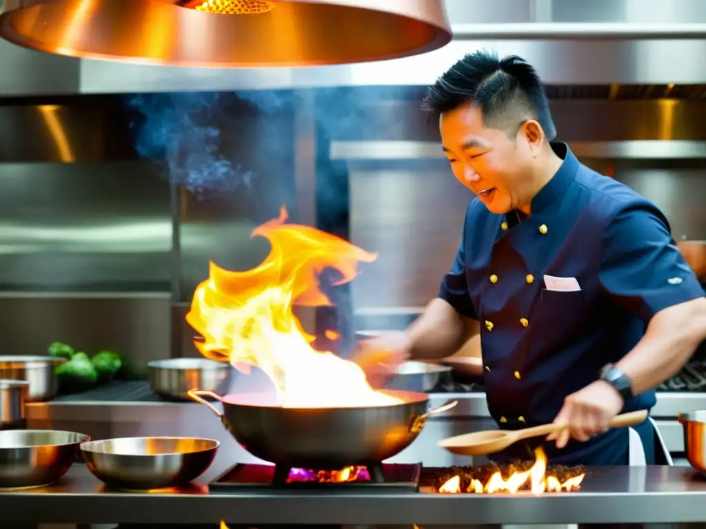 Martin Yan dominando el wok en una cocina bulliciosa con Técnicas de cocina asiática reveladas