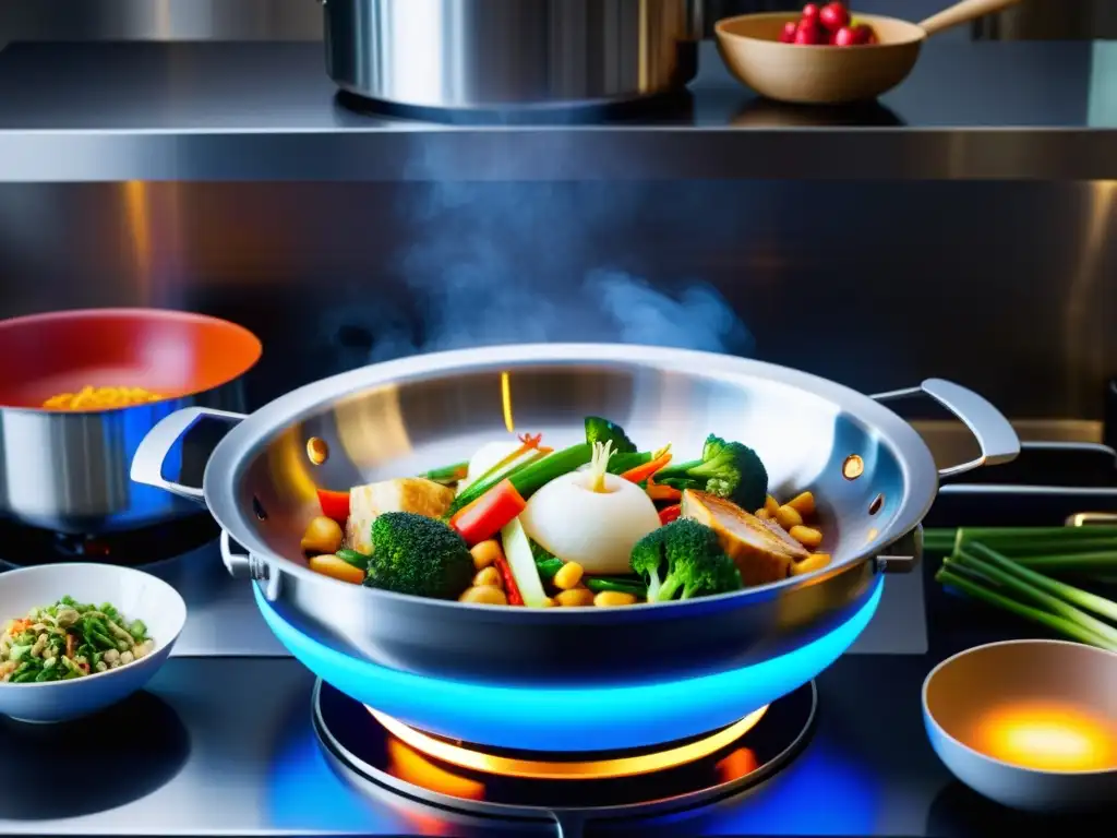 Un wok robótico de última generación cocina un plato asiático rodeado de gadgets de cocina futuristas