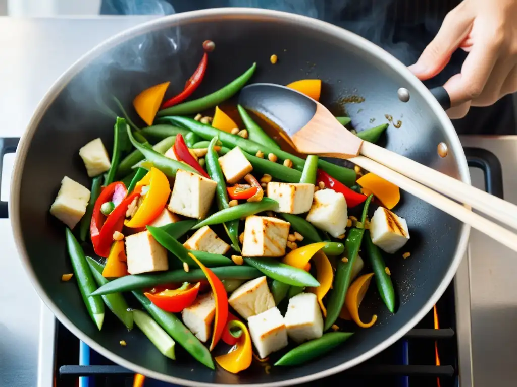 Un wok tradicional sizzling con ingredientes coloridos y fragante salsa, manos expertas capturan los secretos culinarios de la cocina asiática