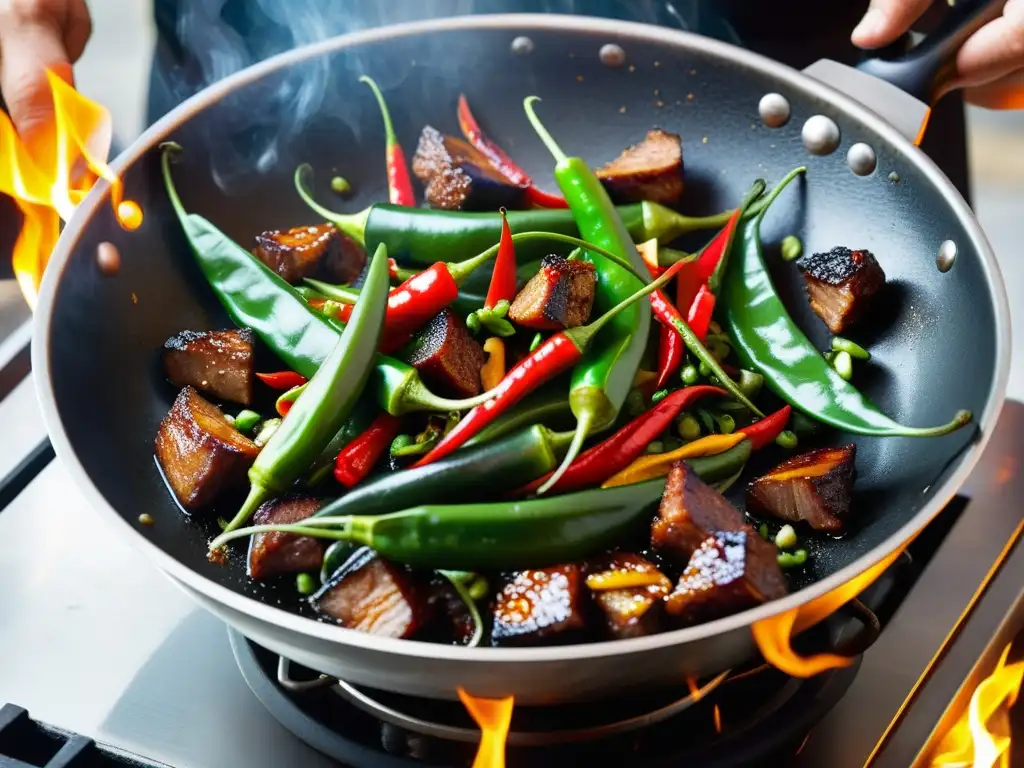 Un wok tradicional sizzling con sabores dulces y picantes en cocina asiática