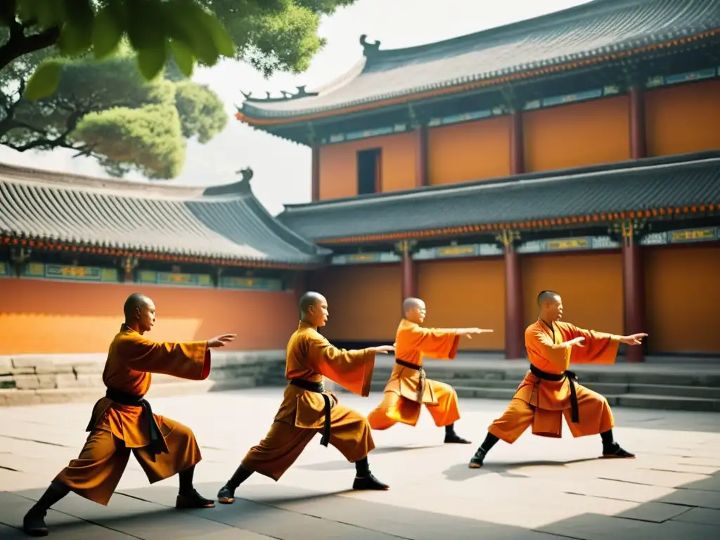 Shaolin monks practicando Wushu en un patio sereno, con luz solar y sombras dramáticas