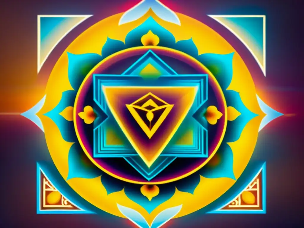 Un Yantra intrincado con colores vibrantes y patrones geométricos detallados, iluminado suavemente en un altar sagrado con flores de caléndula y incienso, evocando una atmósfera serena y reverente